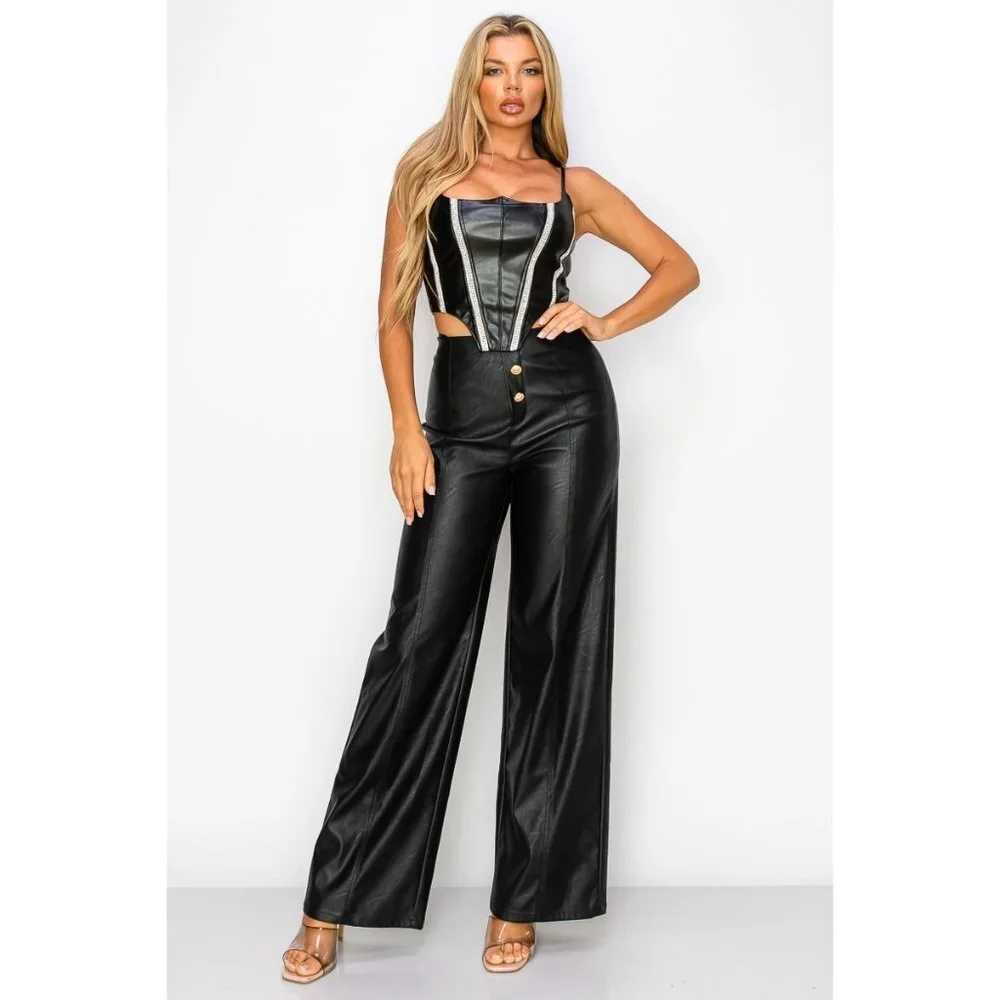 Women’s Black Leather Rhinestone Pearl Corset Bustier Top - Picture 5 of 10